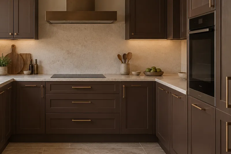 Visualización conceptual IA de cocina: Cocinas de Alejandro Varela. Detalle de materiales y distribución.